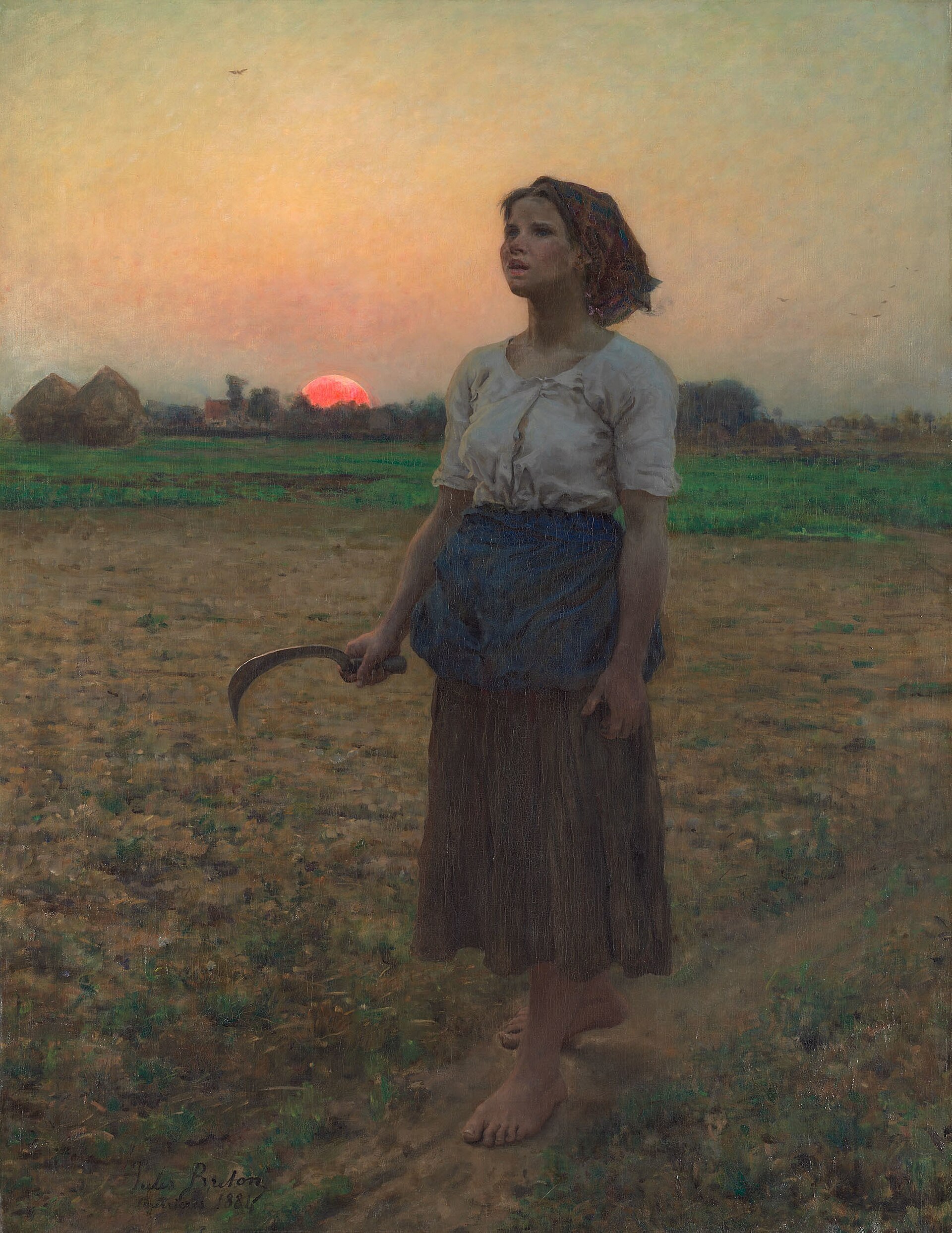A barefoot field worker pauses at sunrise, holding a sickle and looking towards the sky.